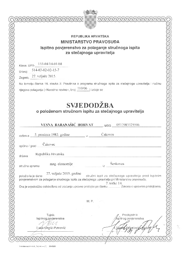 Svjedodžba za stečajnog upravitelja